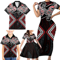 Red Aotearoa Tukutuku Manawa Tapu Family Matching Short Sleeve Bodycon Dress and Hawaiian Shirt Ta Moko Toi Maori LT9 - Polynesian Pride