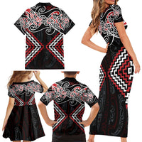 Red Aotearoa Tukutuku Manawa Tapu Family Matching Short Sleeve Bodycon Dress and Hawaiian Shirt Ta Moko Toi Maori LT9 - Polynesian Pride