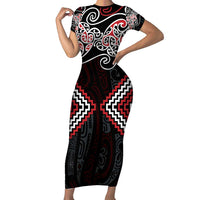 Red Aotearoa Tukutuku Manawa Tapu Family Matching Short Sleeve Bodycon Dress and Hawaiian Shirt Ta Moko Toi Maori LT9 Mom's Dress Red - Polynesian Pride