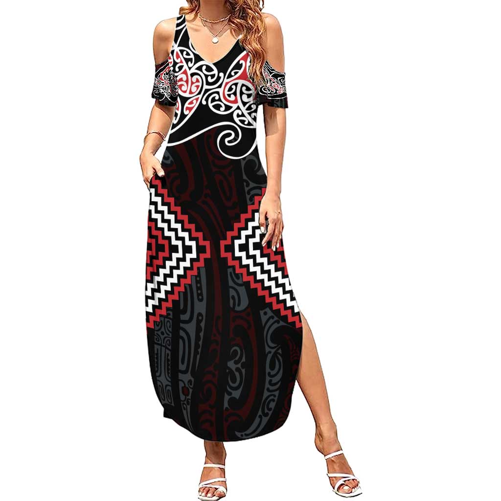 Red Aotearoa Tukutuku Manawa Tapu Family Matching Summer Maxi Dress and Hawaiian Shirt Ta Moko Toi Maori LT9 Mom's Dress Red - Polynesian Pride