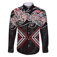 Red Aotearoa Tukutuku Manawa Tapu Family Matching Tank Maxi Dress and Hawaiian Shirt Ta Moko Toi Maori LT9 Dad's Shirt - Long Sleeve Red - Polynesian Pride