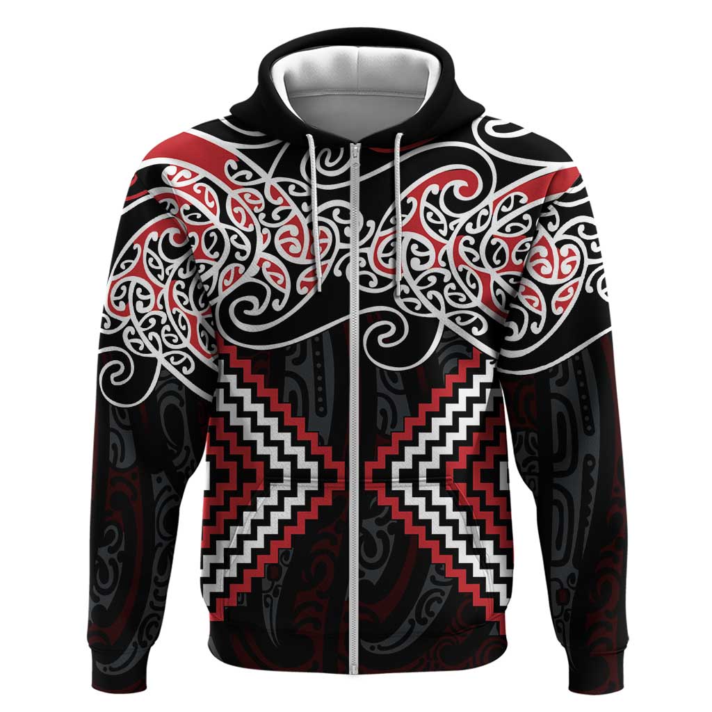Red Aotearoa Tukutuku Manawa Tapu Hoodie Ta Moko Toi Maori LT9 Zip Hoodie Red - Polynesian Pride