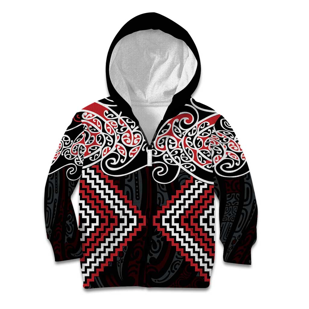 Red Aotearoa Tukutuku Manawa Tapu Kid Hoodie Ta Moko Toi Maori LT9 Zip Hoodie Red - Polynesian Pride