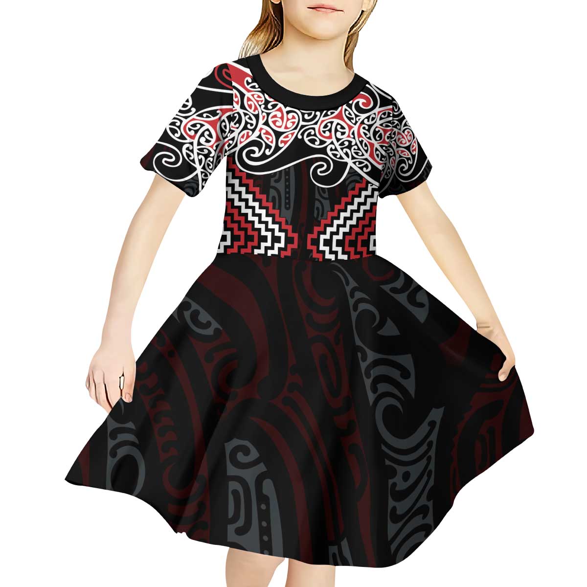 Red Aotearoa Tukutuku Manawa Tapu Kid Short Sleeve Dress Ta Moko Toi Maori LT9 - Polynesian Pride