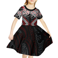 Red Aotearoa Tukutuku Manawa Tapu Kid Short Sleeve Dress Ta Moko Toi Maori LT9 - Polynesian Pride