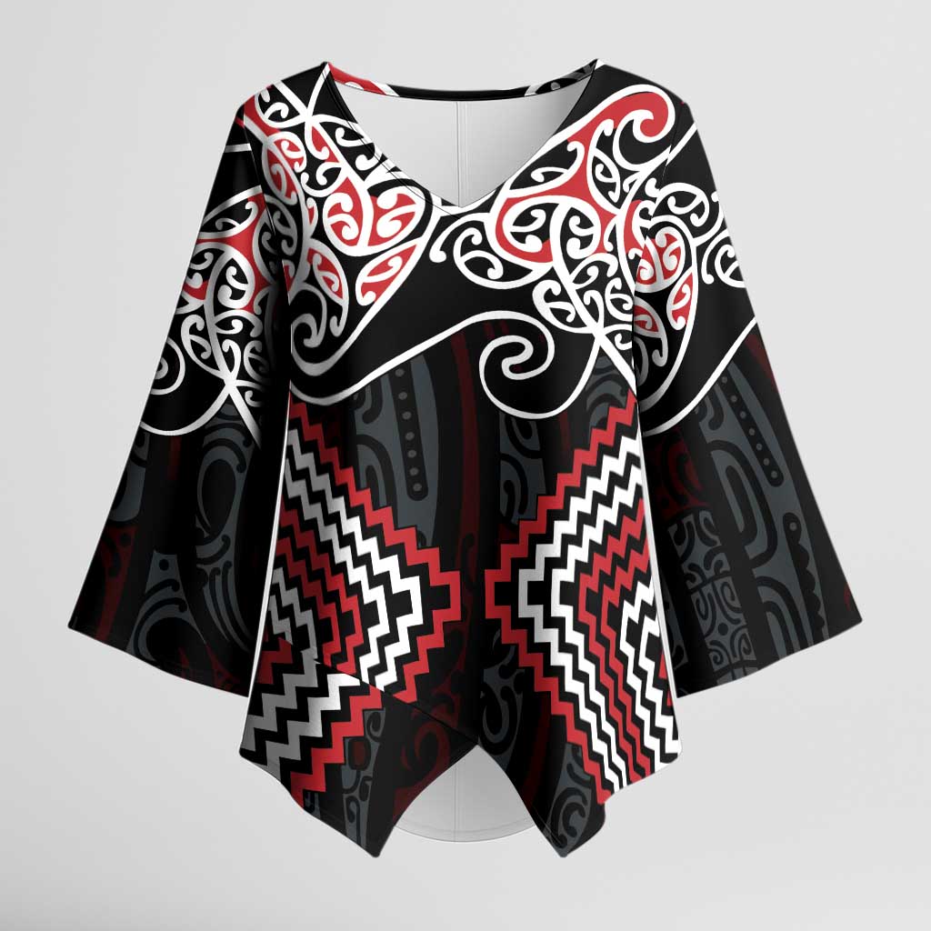 Red Aotearoa Tukutuku Manawa Tapu Kimono Sleeve Blouse Ta Moko Toi Maori LT9 Female Red - Polynesian Pride
