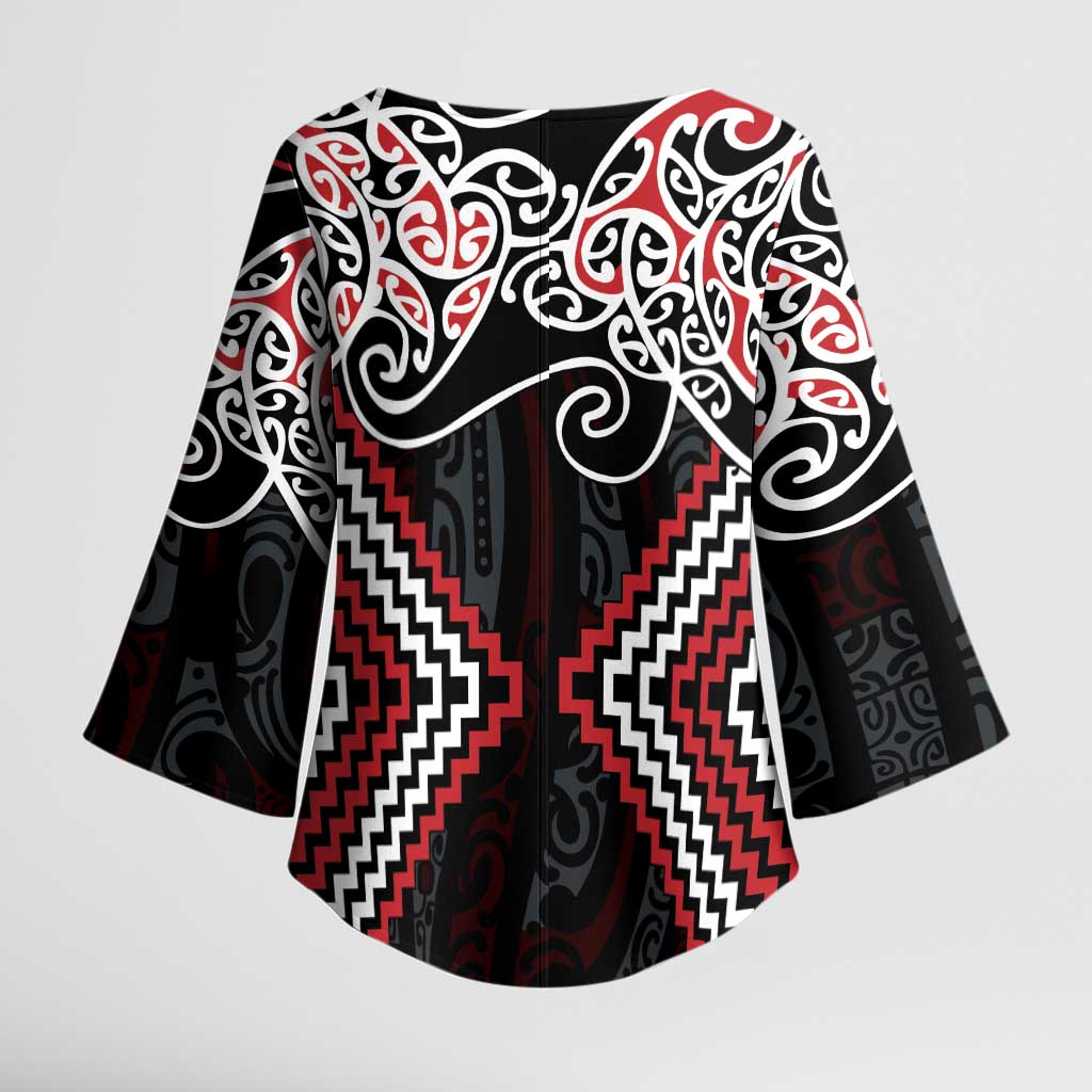 Red Aotearoa Tukutuku Manawa Tapu Kimono Sleeve Blouse Ta Moko Toi Maori LT9 - Polynesian Pride