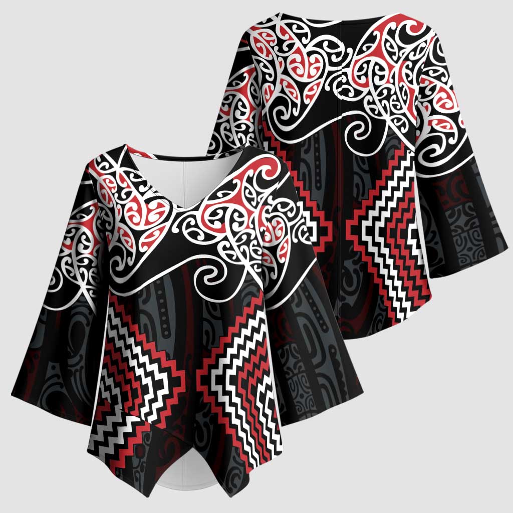 Red Aotearoa Tukutuku Manawa Tapu Kimono Sleeve Blouse Ta Moko Toi Maori LT9 - Polynesian Pride