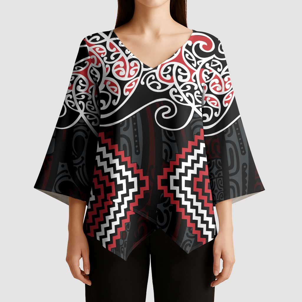 Red Aotearoa Tukutuku Manawa Tapu Kimono Sleeve Blouse Ta Moko Toi Maori LT9 - Polynesian Pride