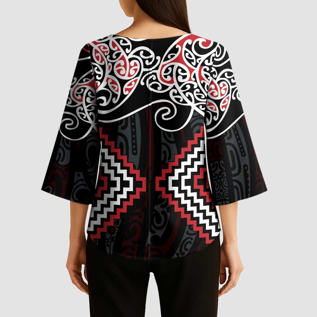Red Aotearoa Tukutuku Manawa Tapu Kimono Sleeve Blouse Ta Moko Toi Maori LT9 - Polynesian Pride