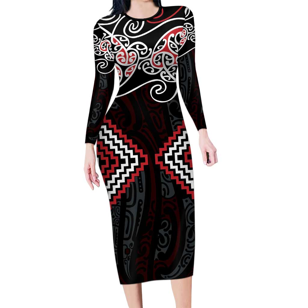 Red Aotearoa Tukutuku Manawa Tapu Long Sleeve Bodycon Dress Ta Moko Toi Maori LT9 Long Dress Red - Polynesian Pride