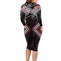 Red Aotearoa Tukutuku Manawa Tapu Long Sleeve Bodycon Dress Ta Moko Toi Maori LT9 - Polynesian Pride