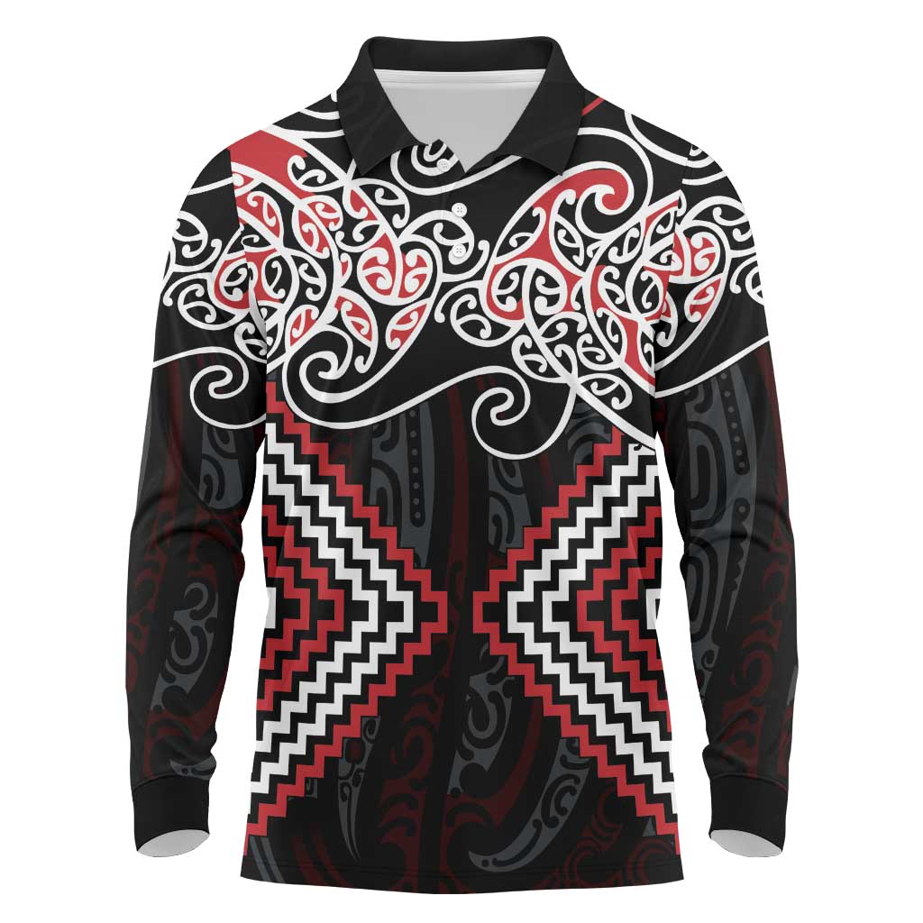 Red Aotearoa Tukutuku Manawa Tapu Long Sleeve Polo Shirt Ta Moko Toi Maori LT9 Red - Polynesian Pride