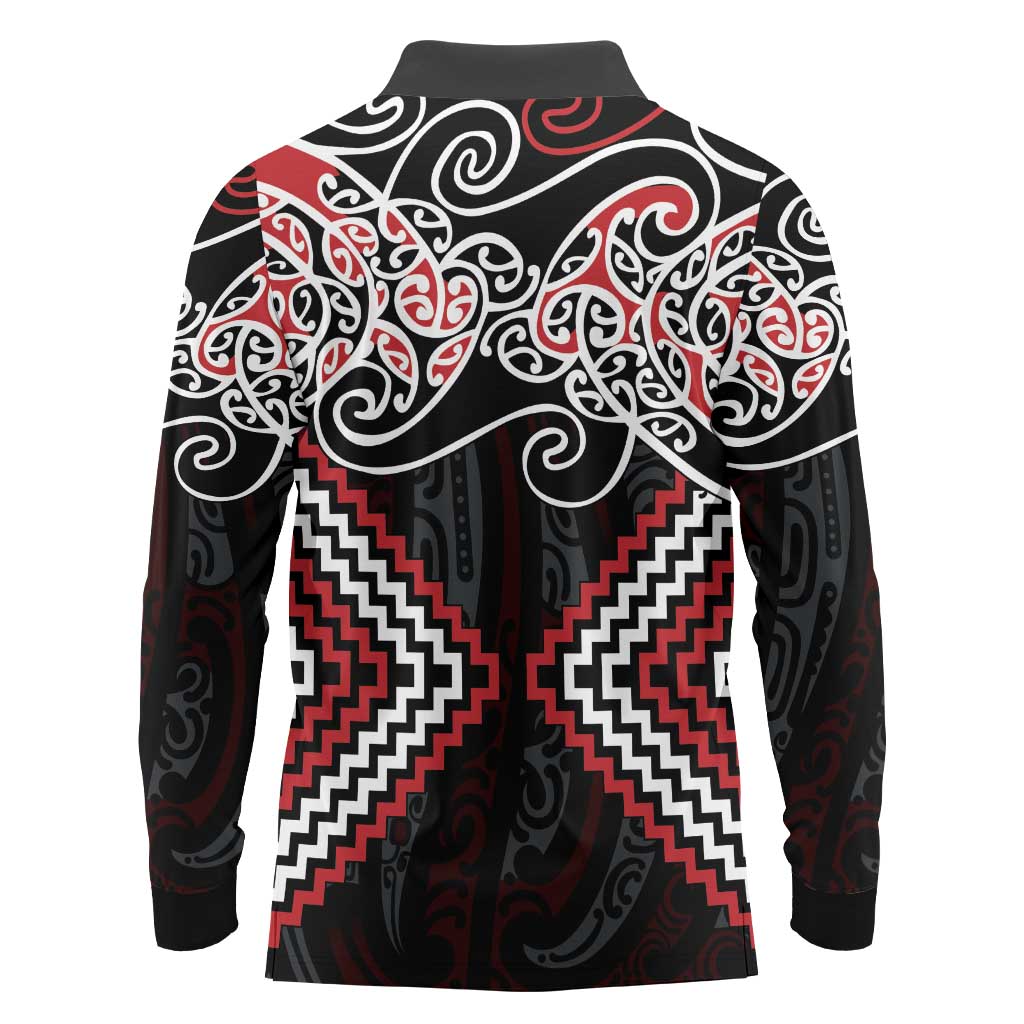 Red Aotearoa Tukutuku Manawa Tapu Long Sleeve Polo Shirt Ta Moko Toi Maori LT9 - Polynesian Pride