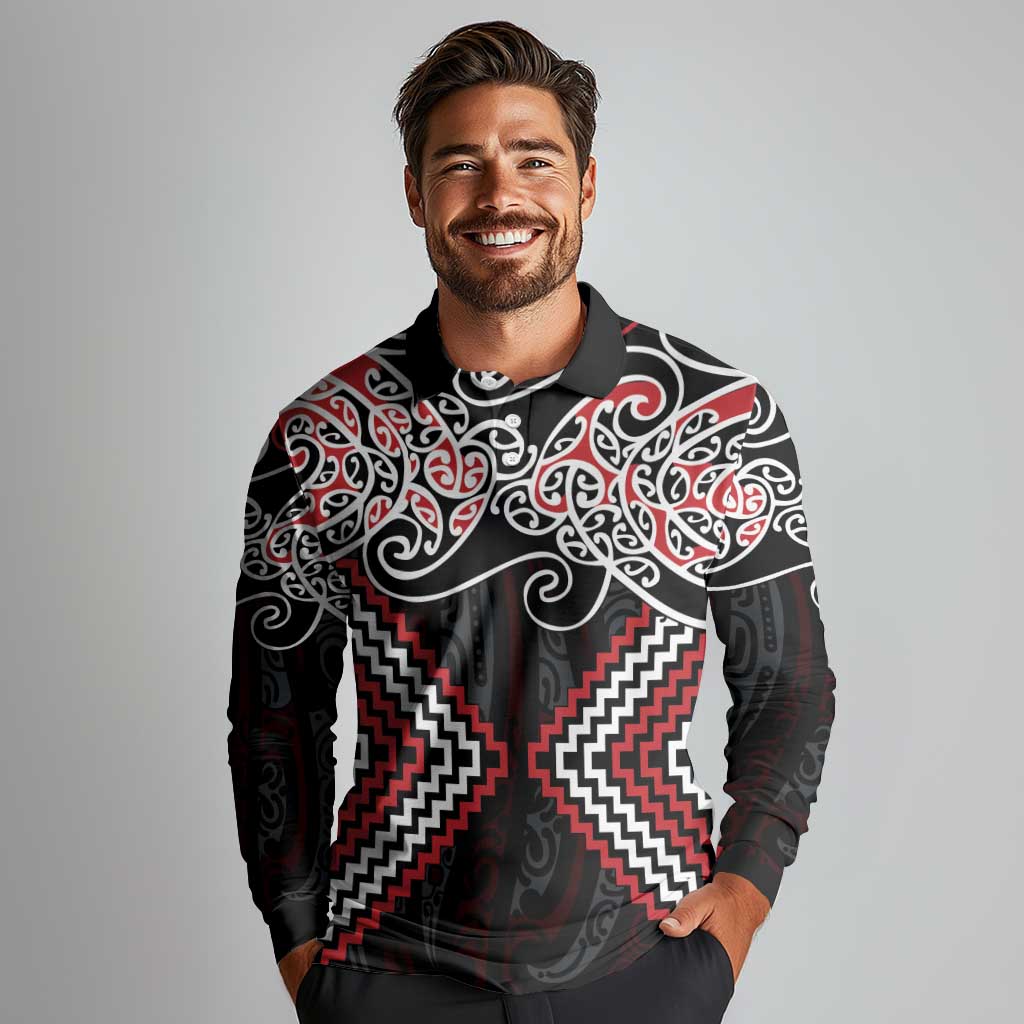 Red Aotearoa Tukutuku Manawa Tapu Long Sleeve Polo Shirt Ta Moko Toi Maori LT9 - Polynesian Pride