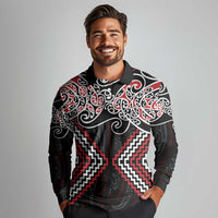 Red Aotearoa Tukutuku Manawa Tapu Long Sleeve Polo Shirt Ta Moko Toi Maori LT9 - Polynesian Pride