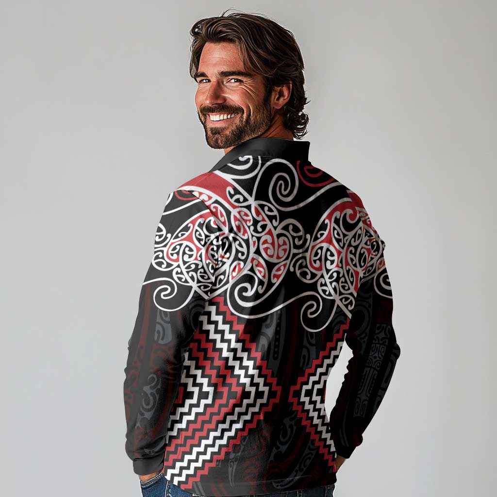 Red Aotearoa Tukutuku Manawa Tapu Long Sleeve Polo Shirt Ta Moko Toi Maori LT9 - Polynesian Pride