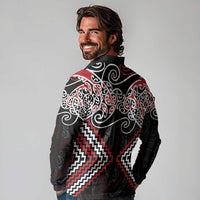 Red Aotearoa Tukutuku Manawa Tapu Long Sleeve Polo Shirt Ta Moko Toi Maori LT9 - Polynesian Pride
