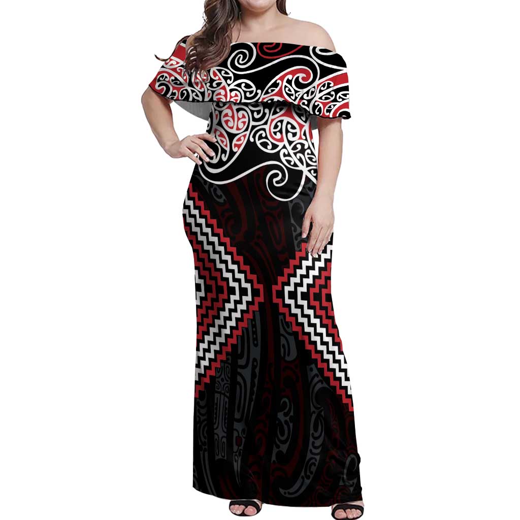 Red Aotearoa Tukutuku Manawa Tapu Off Shoulder Maxi Dress Ta Moko Toi Maori LT9 Women Red - Polynesian Pride