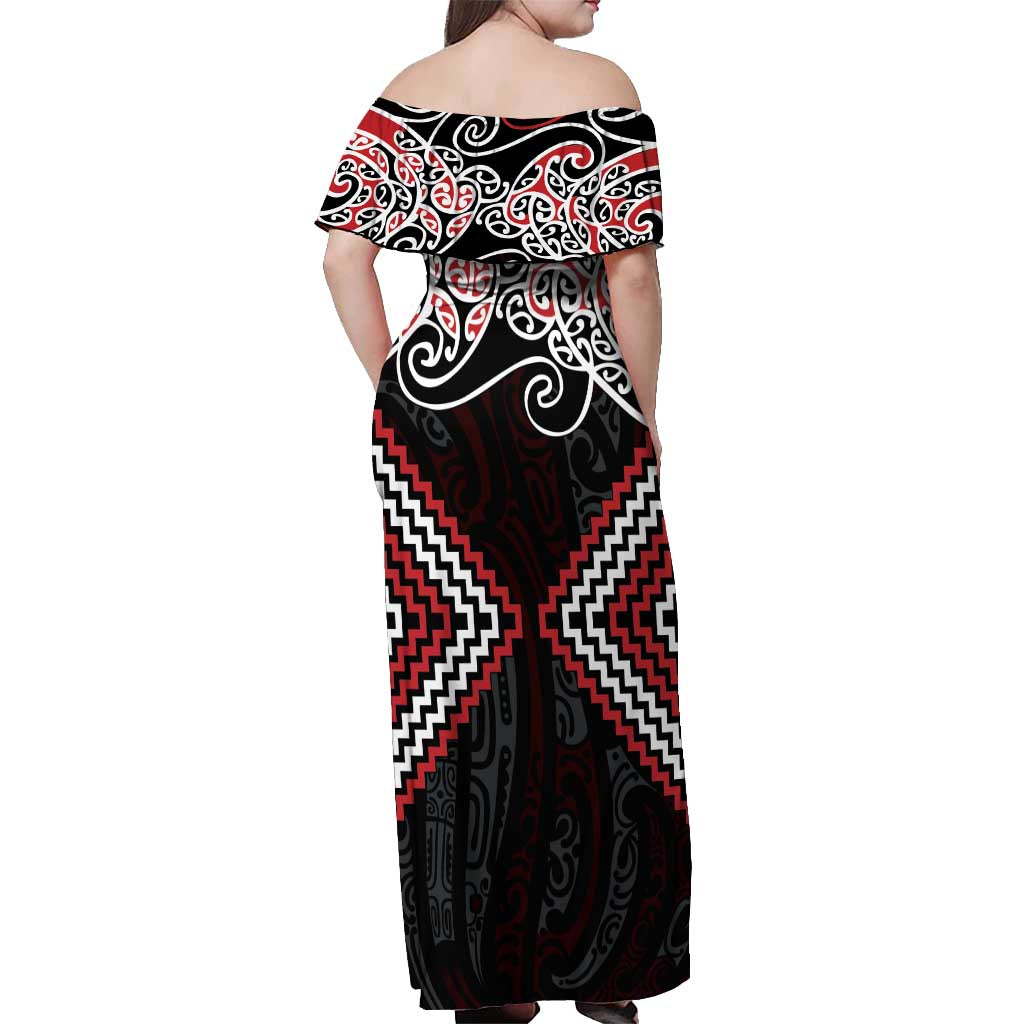 Red Aotearoa Tukutuku Manawa Tapu Off Shoulder Maxi Dress Ta Moko Toi Maori LT9 - Polynesian Pride