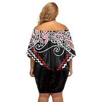 Red Aotearoa Tukutuku Manawa Tapu Off Shoulder Short Dress Ta Moko Toi Maori LT9 - Polynesian Pride