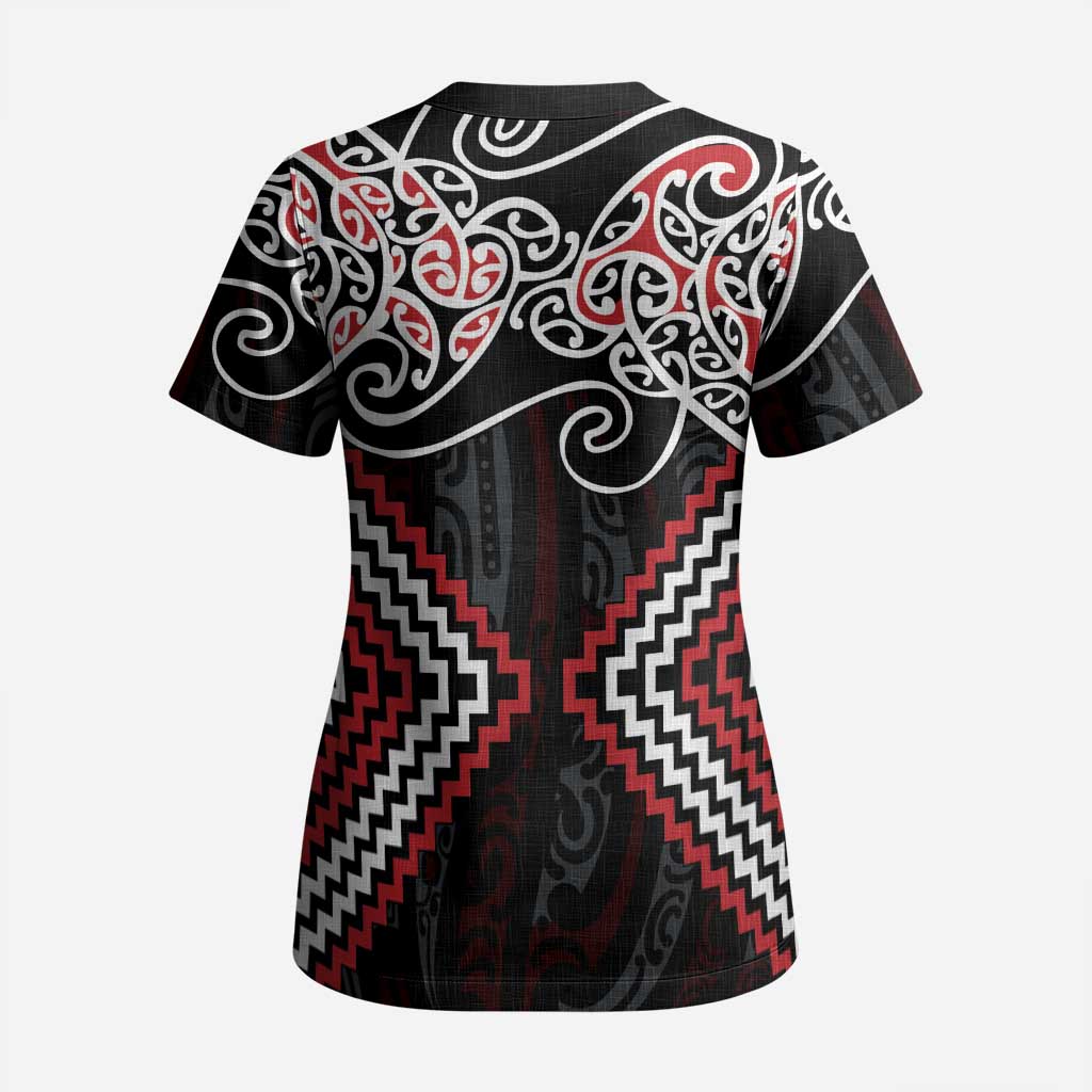 Red Aotearoa Tukutuku Manawa Tapu Scrub Top Ta Moko Toi Maori - Polynesian Pride