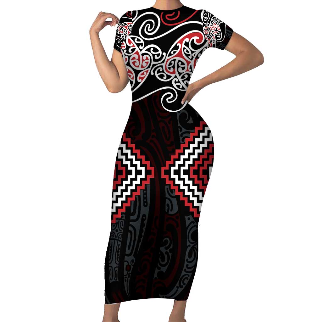 Red Aotearoa Tukutuku Manawa Tapu Short Sleeve Bodycon Dress Ta Moko Toi Maori LT9 Long Dress Red - Polynesian Pride