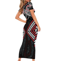 Red Aotearoa Tukutuku Manawa Tapu Short Sleeve Bodycon Dress Ta Moko Toi Maori LT9 - Polynesian Pride