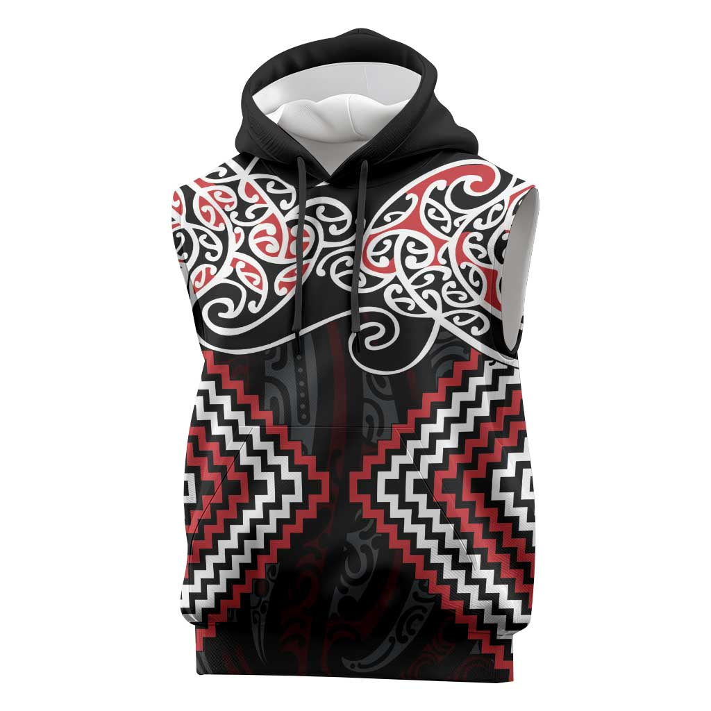Red Aotearoa Tukutuku Manawa Tapu Sleeveless Hoodie Ta Moko Toi Maori LT9 Red - Polynesian Pride