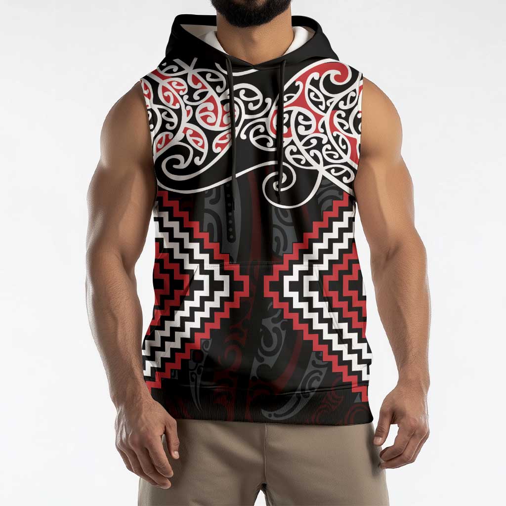 Red Aotearoa Tukutuku Manawa Tapu Sleeveless Hoodie Ta Moko Toi Maori LT9 - Polynesian Pride
