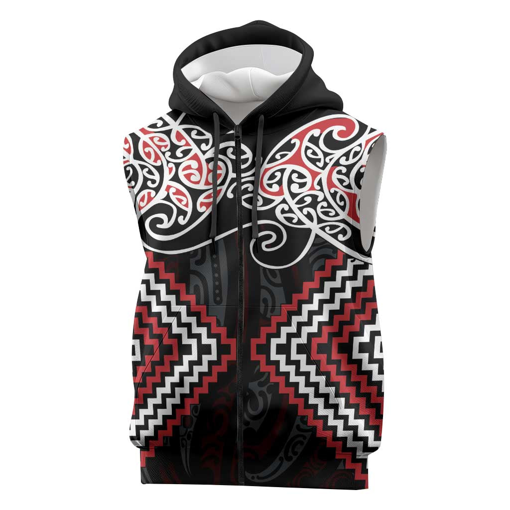 Red Aotearoa Tukutuku Manawa Tapu Sleeveless Zip Hoodie Ta Moko Toi Maori LT9 Red - Polynesian Pride