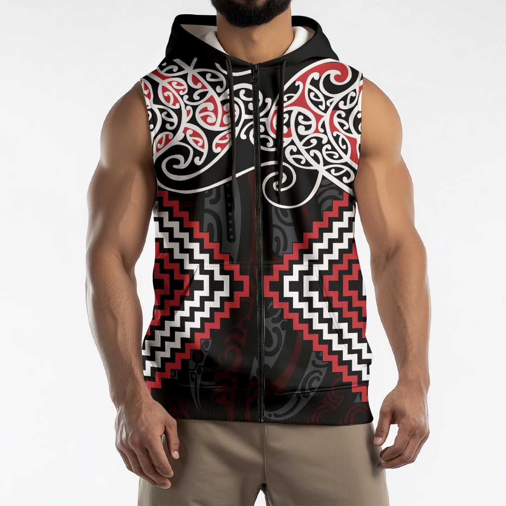 Red Aotearoa Tukutuku Manawa Tapu Sleeveless Zip Hoodie Ta Moko Toi Maori LT9 - Polynesian Pride