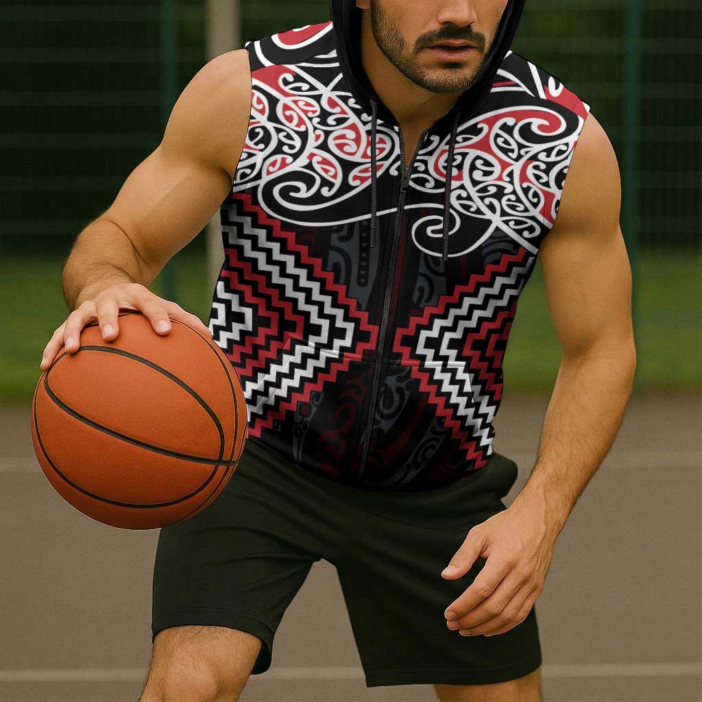 Red Aotearoa Tukutuku Manawa Tapu Sleeveless Zip Hoodie Ta Moko Toi Maori LT9 - Polynesian Pride