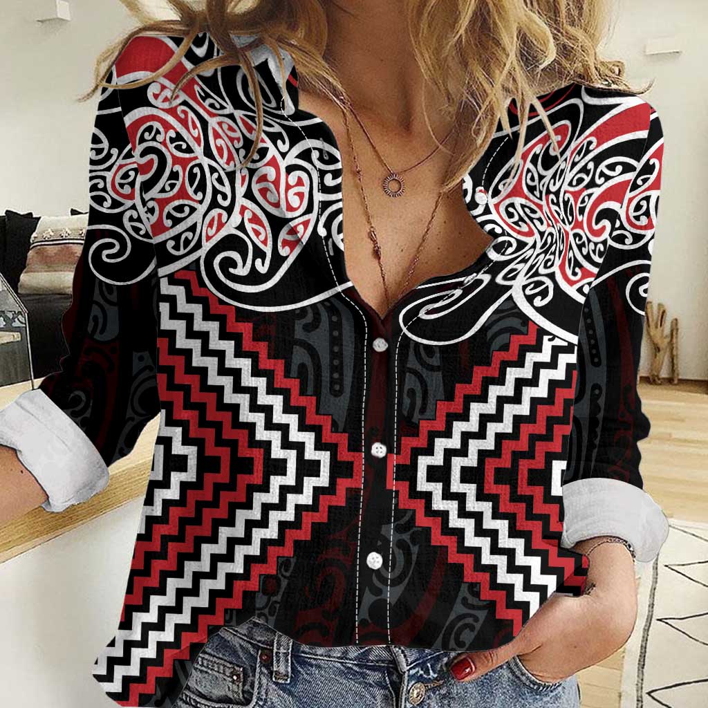 Red Aotearoa Tukutuku Manawa Tapu Women Casual Shirt Ta Moko Toi Maori LT9 Female Red - Polynesian Pride