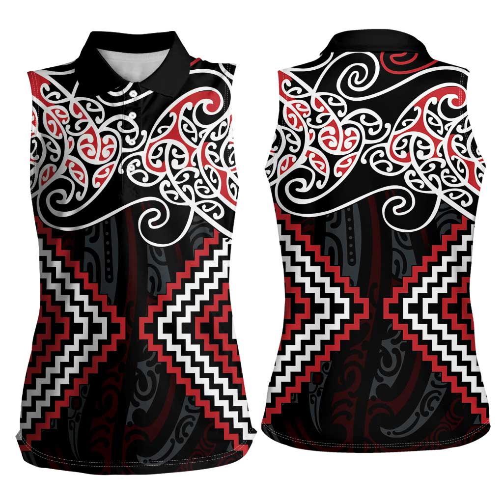 Red Aotearoa Tukutuku Manawa Tapu Women Sleeveless Polo Shirt Ta Moko Toi Maori LT9 - Polynesian Pride
