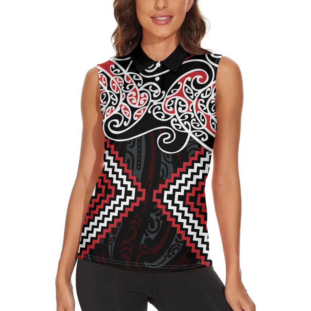 Red Aotearoa Tukutuku Manawa Tapu Women Sleeveless Polo Shirt Ta Moko Toi Maori LT9 - Polynesian Pride
