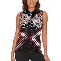 Red Aotearoa Tukutuku Manawa Tapu Women Sleeveless Polo Shirt Ta Moko Toi Maori LT9 - Polynesian Pride