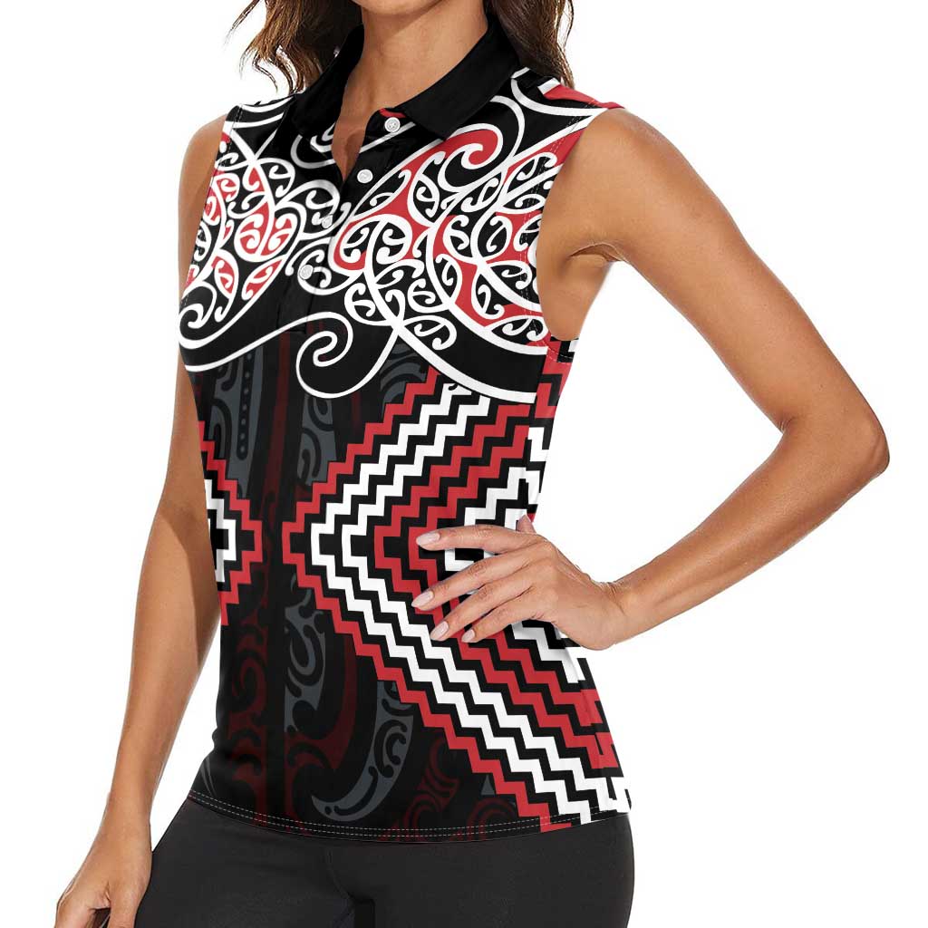 Red Aotearoa Tukutuku Manawa Tapu Women Sleeveless Polo Shirt Ta Moko Toi Maori LT9 - Polynesian Pride