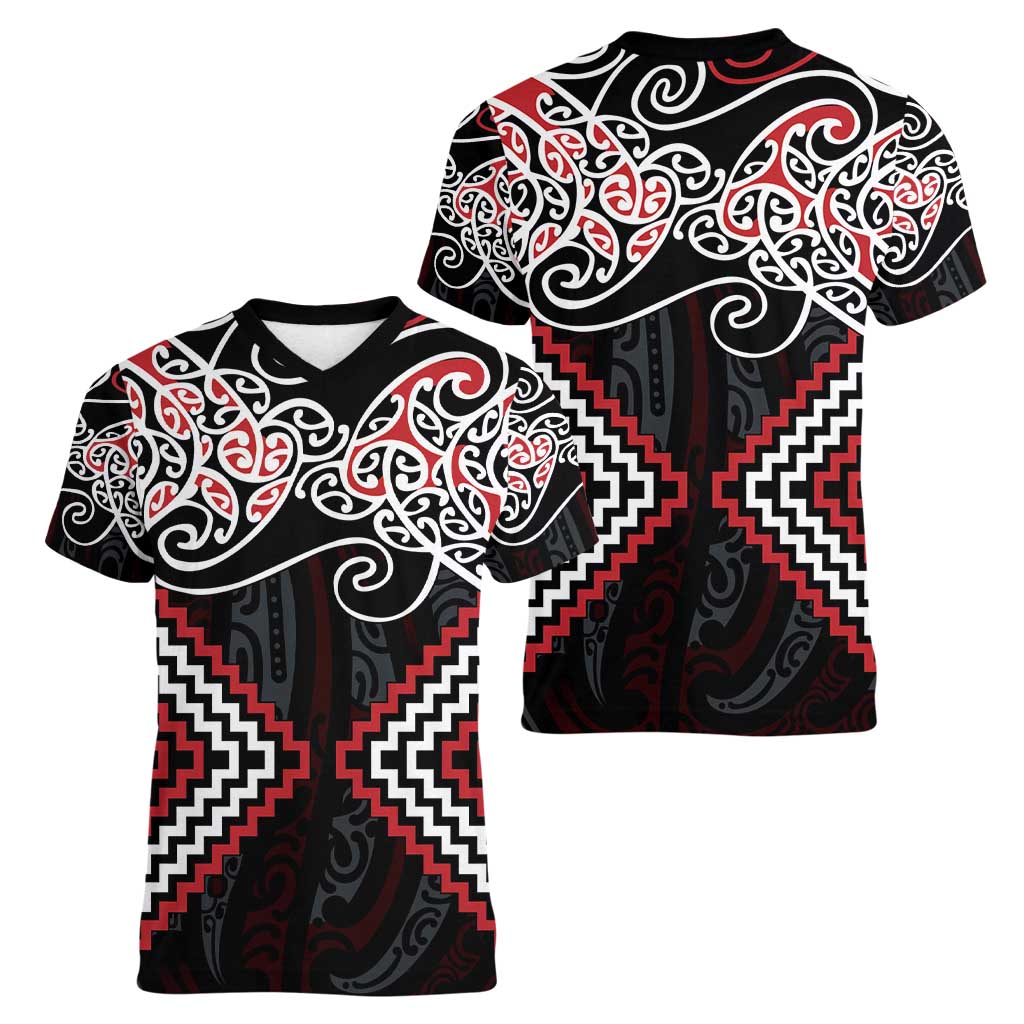 Red Aotearoa Tukutuku Manawa Tapu Women V-Neck T-Shirt Ta Moko Toi Maori LT9 - Polynesian Pride