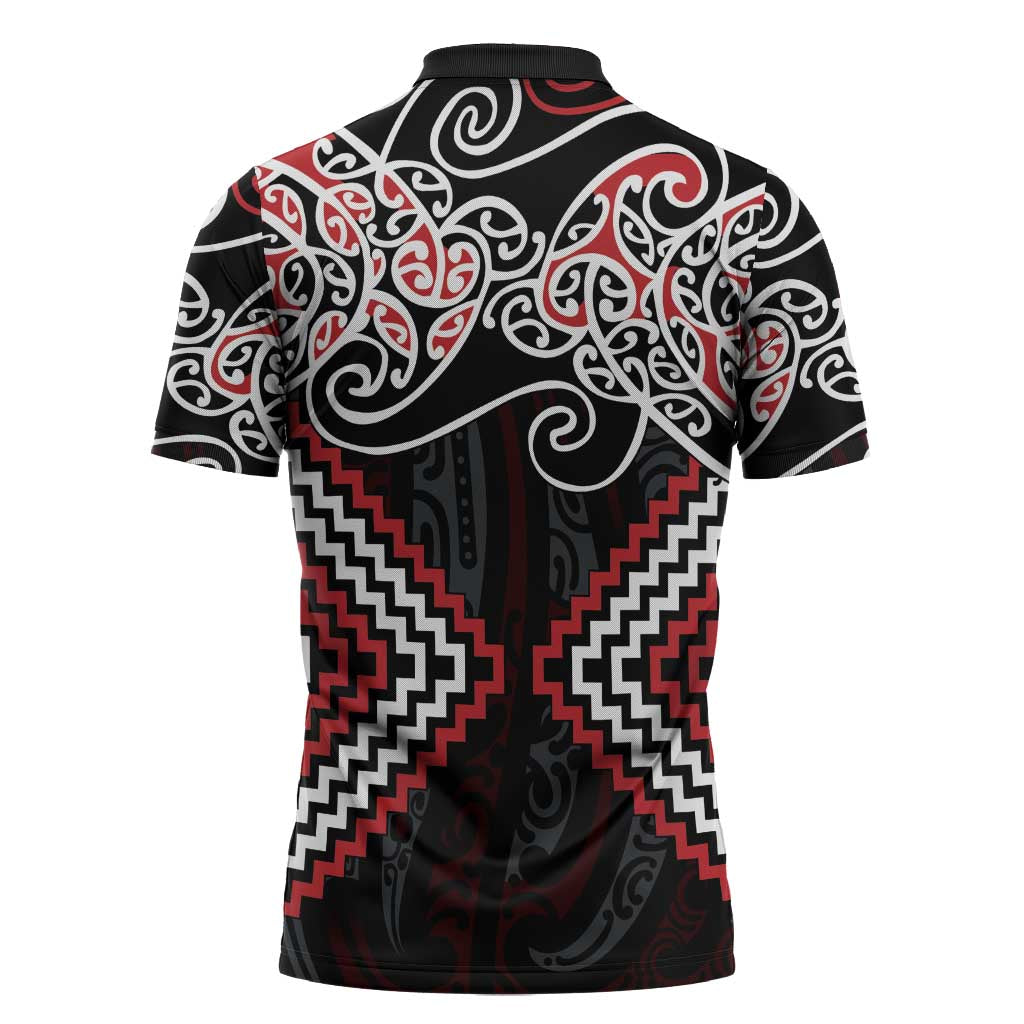 Red Aotearoa Tukutuku Manawa Tapu Zipper Polo Shirt Ta Moko Toi Maori LT9 - Polynesian Pride