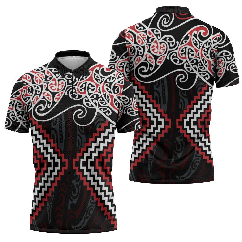 Red Aotearoa Tukutuku Manawa Tapu Zipper Polo Shirt Ta Moko Toi Maori LT9 - Polynesian Pride