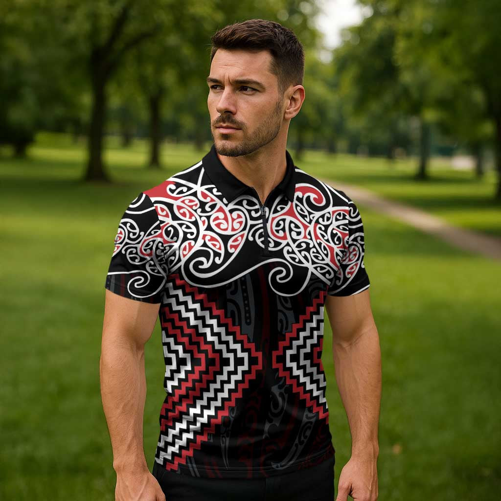 Red Aotearoa Tukutuku Manawa Tapu Zipper Polo Shirt Ta Moko Toi Maori LT9 - Polynesian Pride