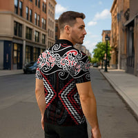 Red Aotearoa Tukutuku Manawa Tapu Zipper Polo Shirt Ta Moko Toi Maori LT9 - Polynesian Pride