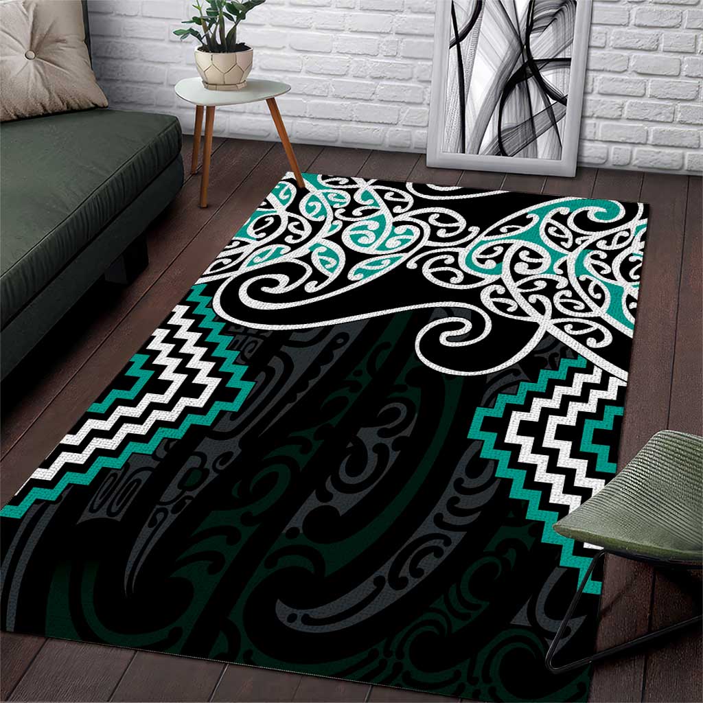 Turquoise Aotearoa Tukutuku Manawa Tapu Area Rug Ta Moko Toi Maori LT9 Turquoise - Polynesian Pride