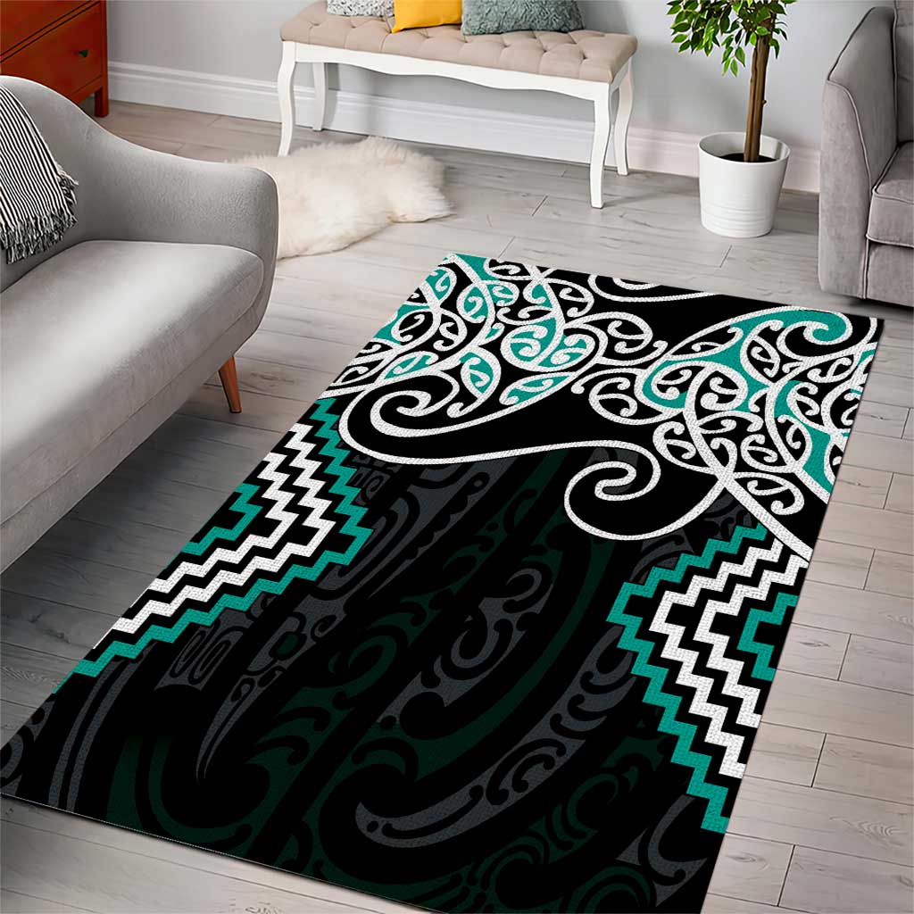 Turquoise Aotearoa Tukutuku Manawa Tapu Area Rug Ta Moko Toi Maori LT9 - Polynesian Pride