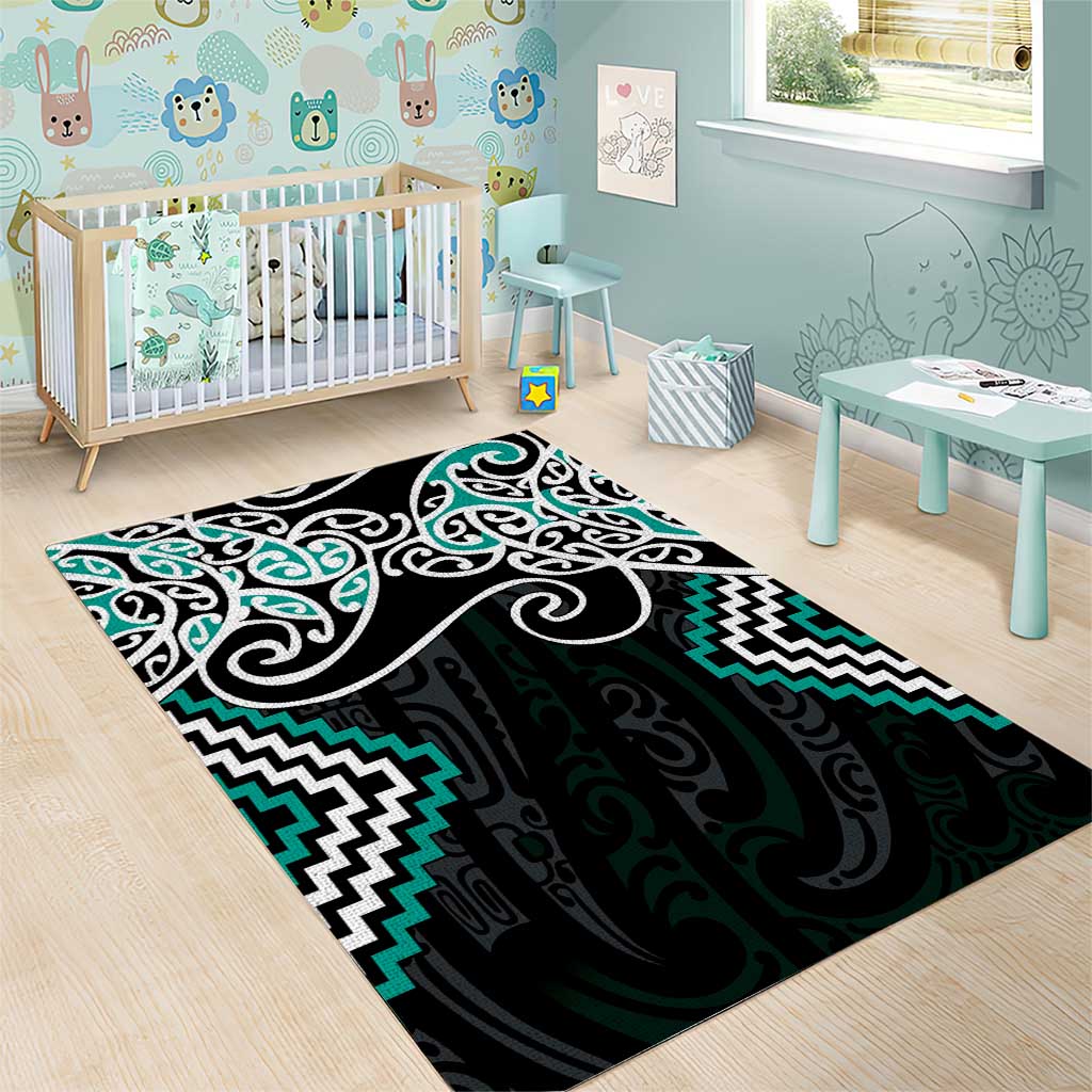 Turquoise Aotearoa Tukutuku Manawa Tapu Area Rug Ta Moko Toi Maori LT9 - Polynesian Pride