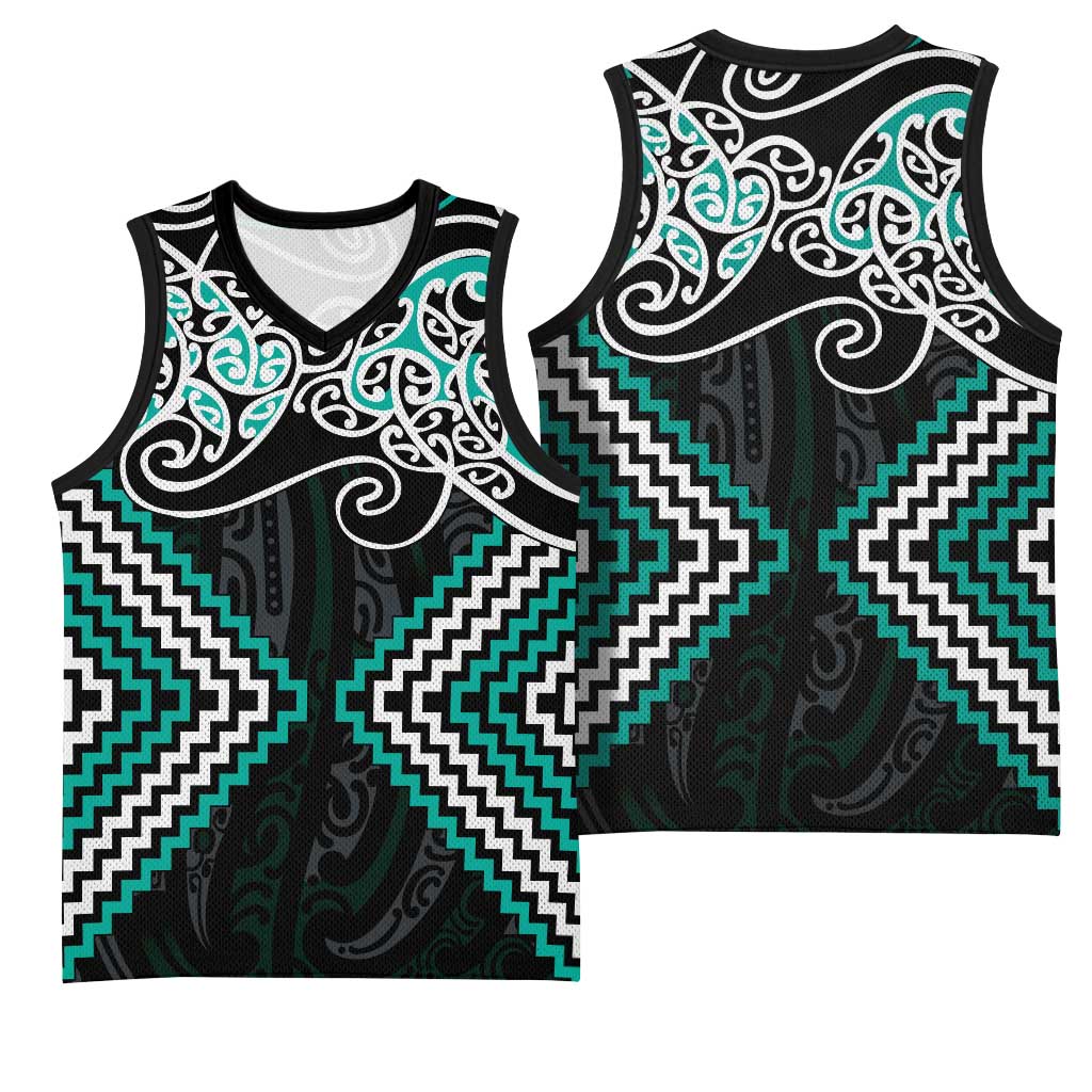 Turquoise Aotearoa Tukutuku Manawa Tapu Basketball Jersey Ta Moko Toi Maori LT9 - Polynesian Pride