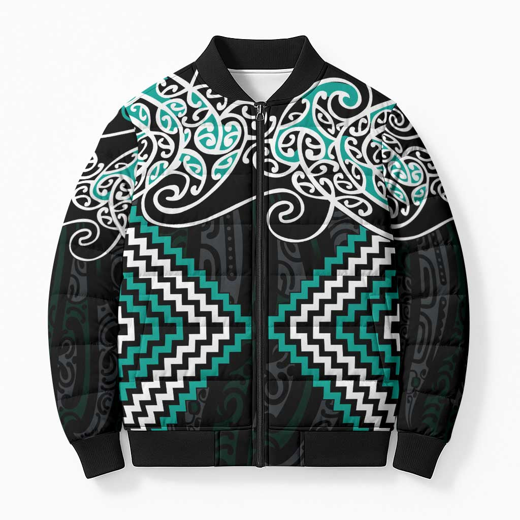Turquoise Aotearoa Tukutuku Manawa Tapu Bomber Puffer Jacket Ta Moko Toi Maori LT9 Unisex Turquoise - Polynesian Pride