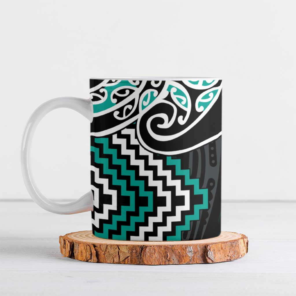 Turquoise Aotearoa Tukutuku Manawa Tapu Ceramic Mug Ta Moko Toi Maori LT9 Turquoise - Polynesian Pride