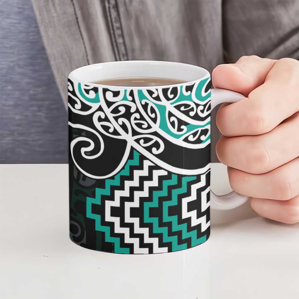 Turquoise Aotearoa Tukutuku Manawa Tapu Ceramic Mug Ta Moko Toi Maori LT9 - Polynesian Pride